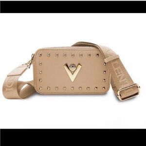 Valentino Orlandi Beige Studded Crossbody Camera Bag with Gold V Logo